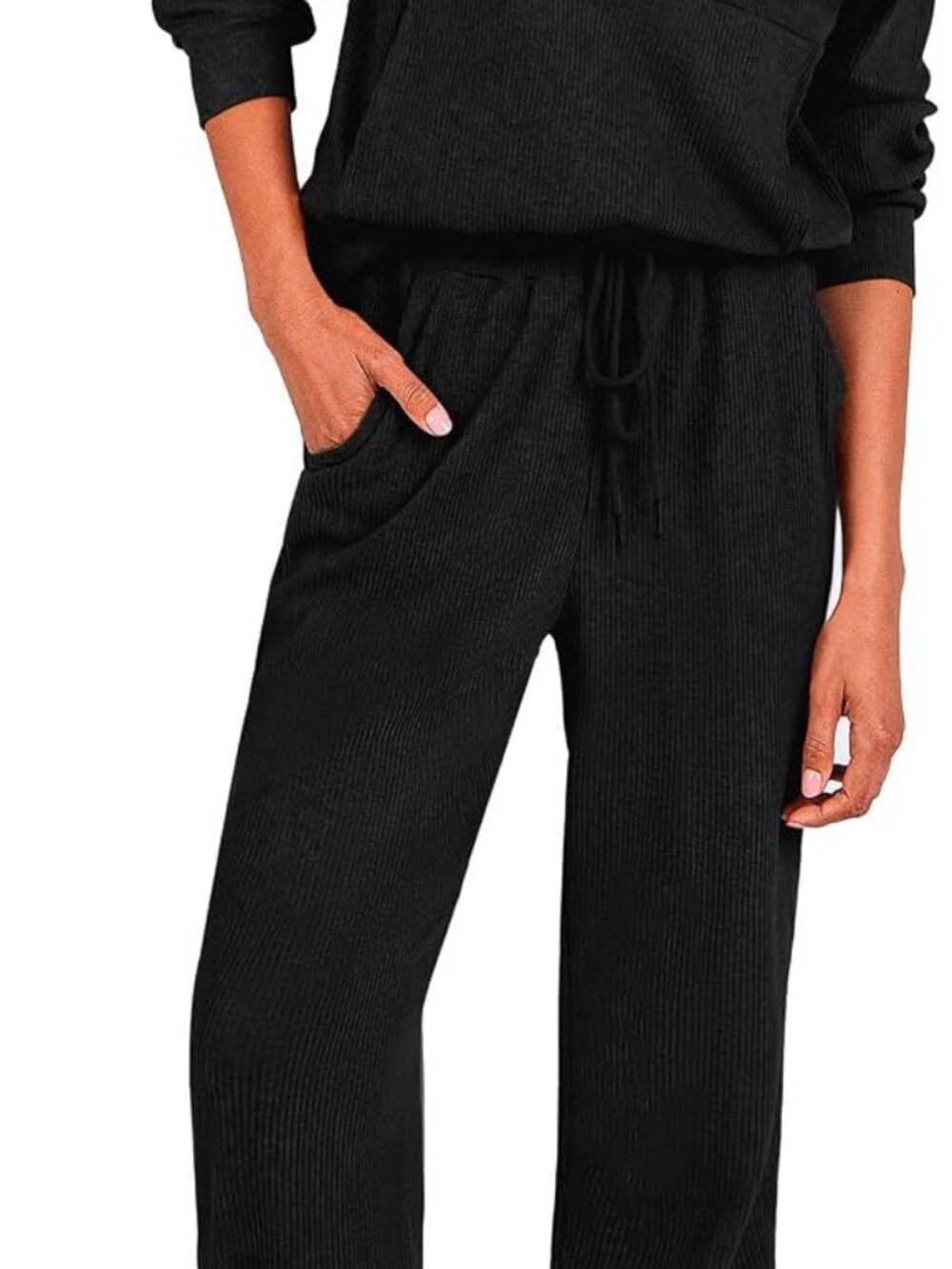 PRETTYGARDEN Ribbed Knit 2-Piece Lounge Set Black XL